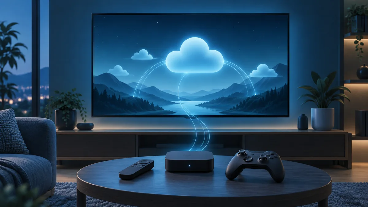 Ilustración editorial de un dispositivo Android TV, un mando a distancia y un control conectados a un televisor de juego en la nube