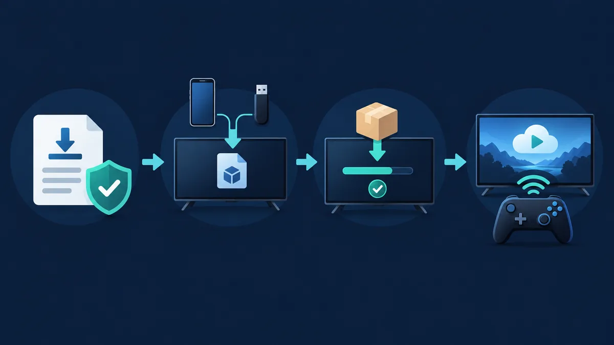 Flujo editorial de cuatro pasos desde verificar la fuente oficial hasta jugar Better xCloud en Android TV
