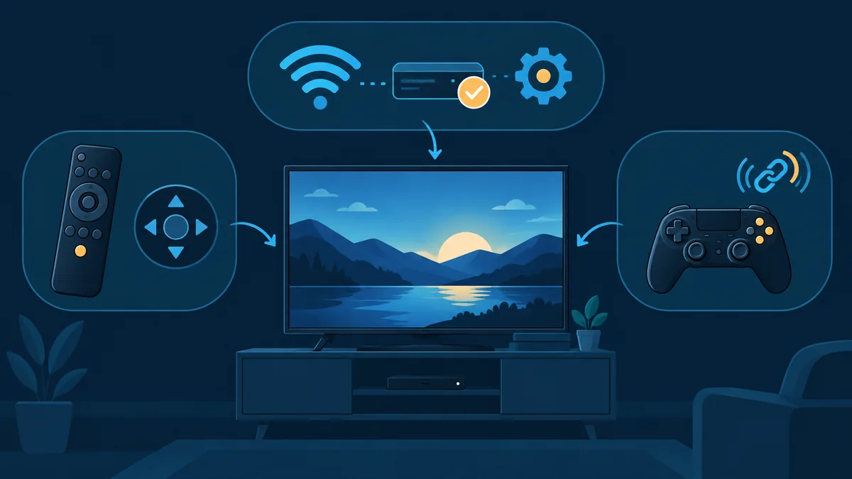 Diagrama editorial de navegación en Android TV, conexión del control y comprobaciones de calidad del streaming