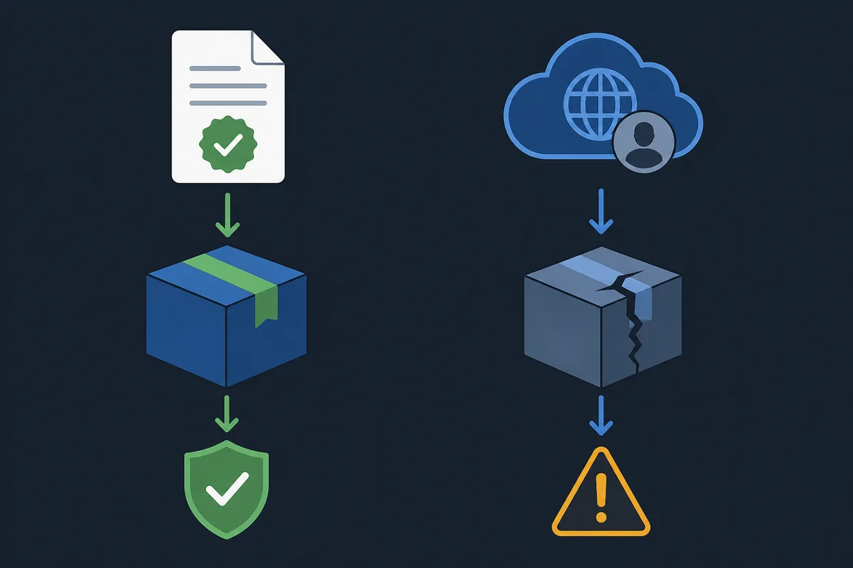 Editorial comparison showing a verified package path beside a cracked package and warning symbol