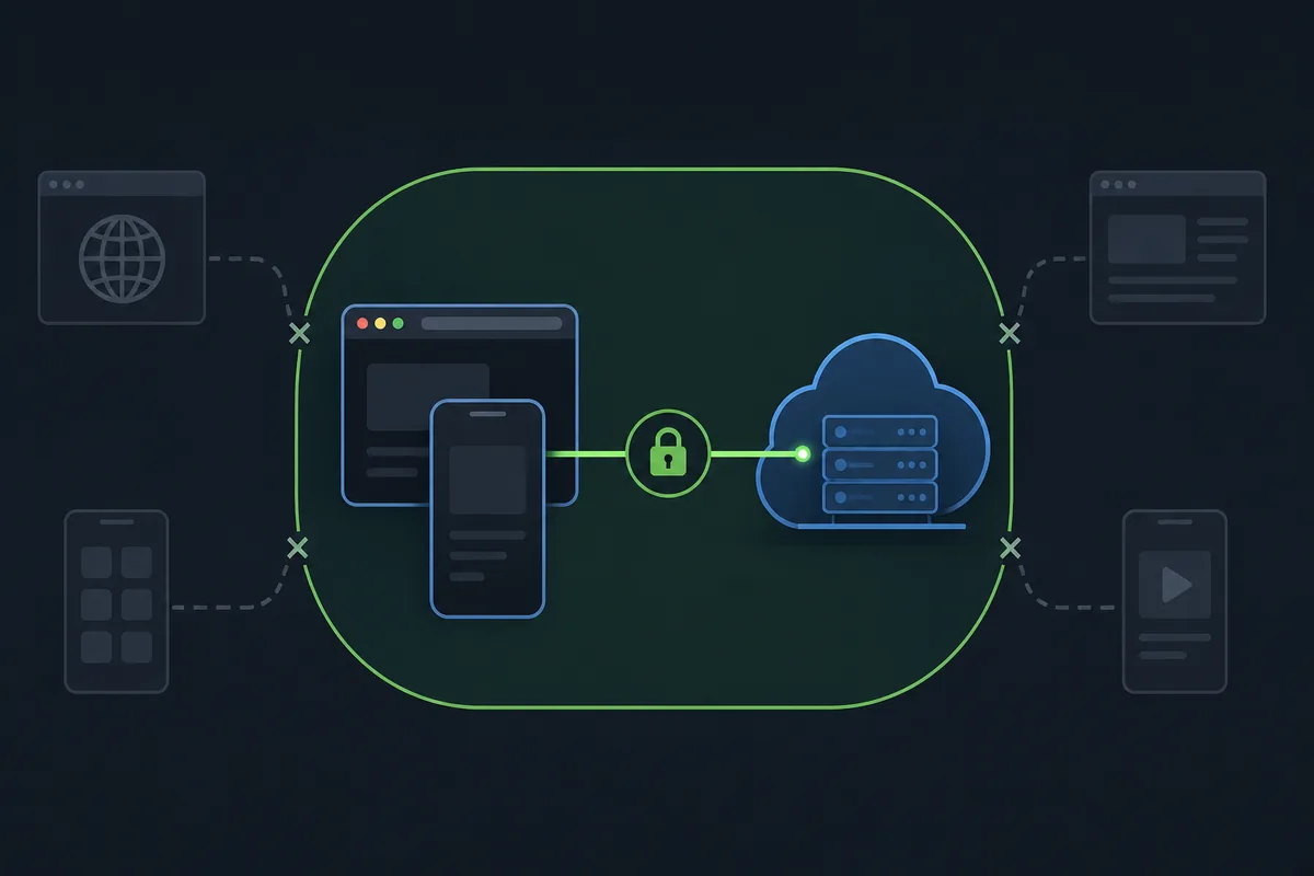 Editorial illustration of a browser and phone using a narrow locked path to a cloud gaming service