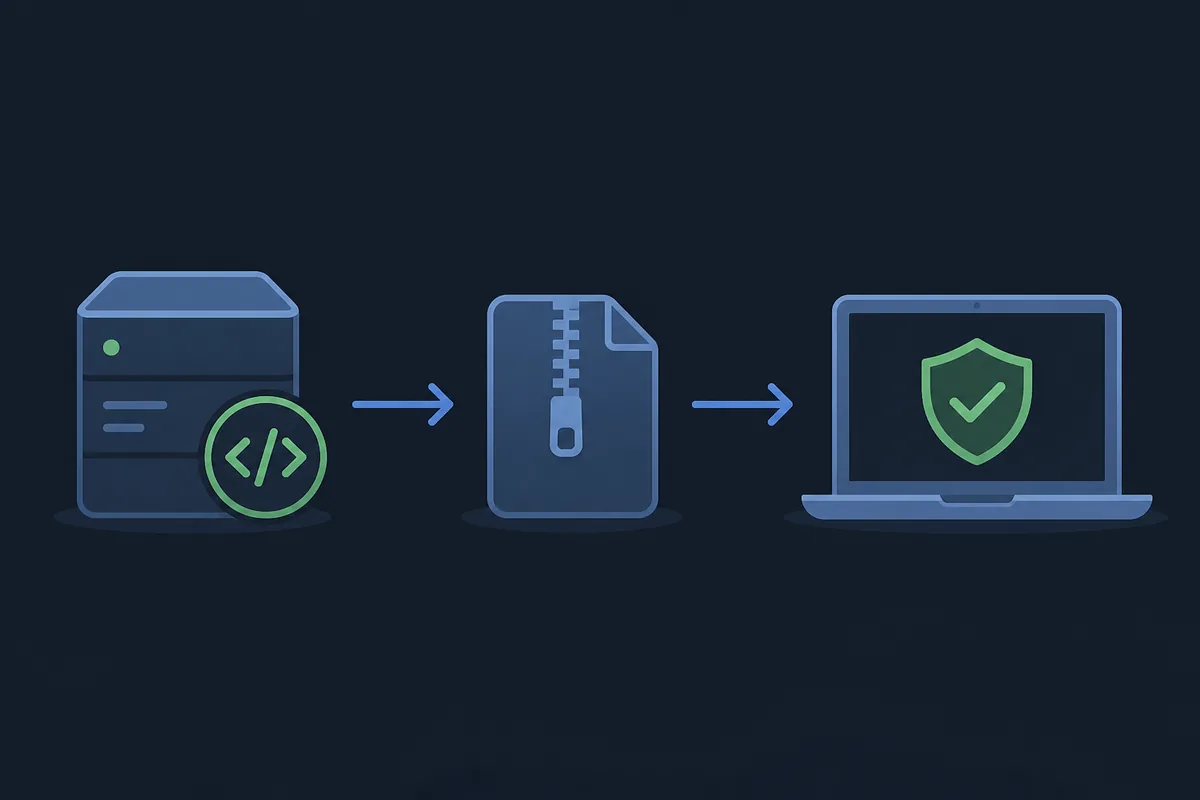 Editorial illustration showing an official source flowing to a package and a device shield